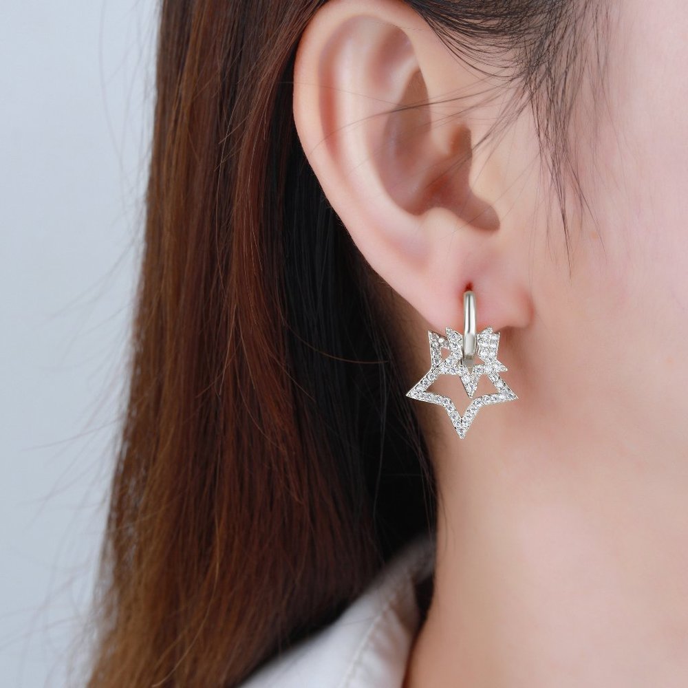 White Gold Plated Micro Pave Star, CZ Cubic Zirconia Dangle Drop Earrings